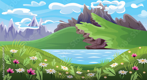 Fototapeta Naklejka Na Ścianę i Meble -  Mountain valley with lake. Beautiful landscape with rocks, cliffs, green meadow with blooming wild flowers and lake or river. Nature or environment. Organic panorama. Cartoon flat vector illustration