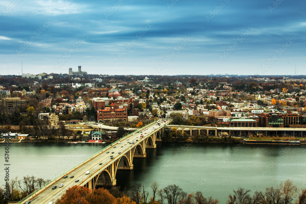 Francis Scott Key Bridge through Potomac River to Georgetown Washington DC