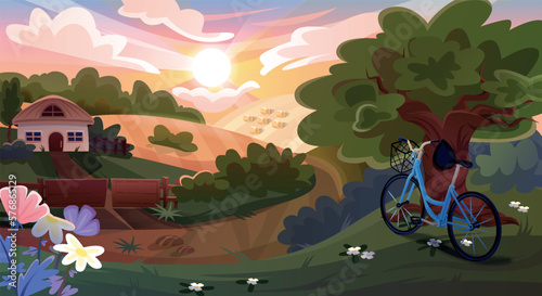 Rural landscape. Countryside farm or garden panorama with barn, hayloft, forest path, trees and bicycle at sunset. Agriculture in farmland. Nature and environment. Cartoon flat vector illustration