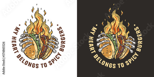 Burning burger in skeleton hands. American fast food or USA food with bones and burger in fire with meat, cheese and vegetable for logo or poster