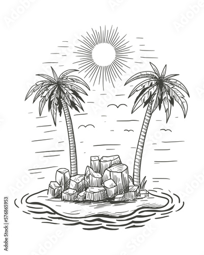 tropical island with palm trees and sun, vector illustration sketch style