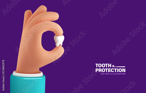 Tooth protection vector illustration. Teeth dentistry banner template. Dentist holding white tooth implant 3d cartoon. Stomatology advertising templates.