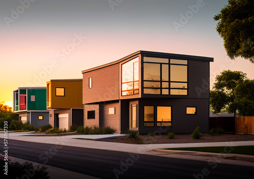 Modern house interior. Prefab construction. Suburban Townhouse on sunset. Modular luxury apartments in residential area. Modern apartment building. Family house, Ai Generative Illustration.