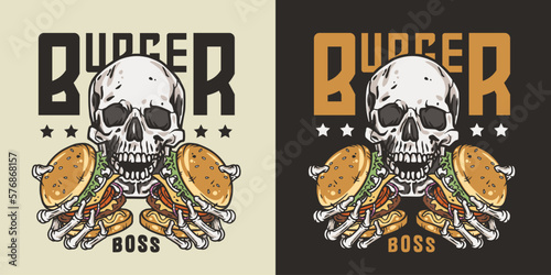 Burger in skeleton hands. American fast food or USA food with skull, bones and burger with meat, cheese and vegetable for logo or poster