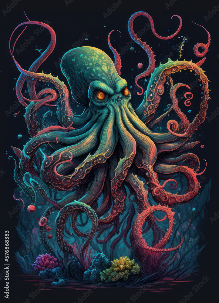 Obraz premium illustration of fearsome giant octopus with enormous and infinite tentacles