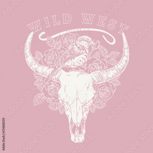 HAND DRAWN WESTERN STEER SKULL SPARROW COWGIRL COWBOY ROSE FLORAL VINTAGE TSHIRT TEE PRINT FOR APPAREL MERCHANDISE