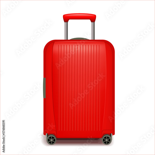 Realistic red wheeled travel bag with hand. Plastic travel suitcase. 3d illustration isolated on white background. Vector illustration.