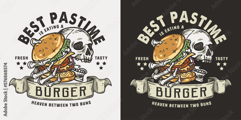 Fototapeta premium Burger in skeleton hands. American fast food or USA food with skull, bones and burger with meat, cheese and vegetable for logo or poster