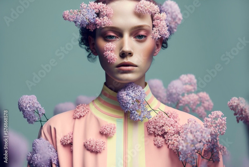 Fotografie Abstract portrait of a beautiful girl with natural pink and light blue flowers in her hair and on her clothes, in front of a light blue wall