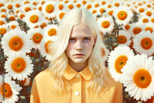 Fotografie Portrait of a beautiful blonde girl standing in the middle of a field of daisies- Ilustration