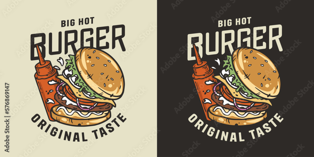 Obraz premium Burger with meat, cheese and vegetable and bottle sauce for logo, poster or menu. American fast food or hamburger. USA food with bun, lettuce, cheese, tomato, onion, cutlet for store.