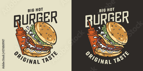 Burger with meat, cheese and vegetable and bottle sauce for logo, poster or menu. American fast food or hamburger. USA food with bun, lettuce, cheese, tomato, onion, cutlet for store.