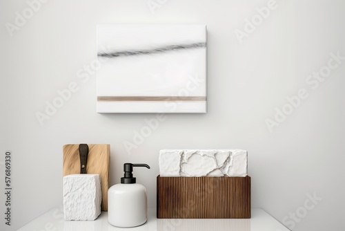 Soap, a body brush made of wood, and a straw box all rest on a white marble shelf in the foreground of a bathroom decorated with white wall tiles. Perspective looking forward. Blanket Room for Duplica © AkuAku