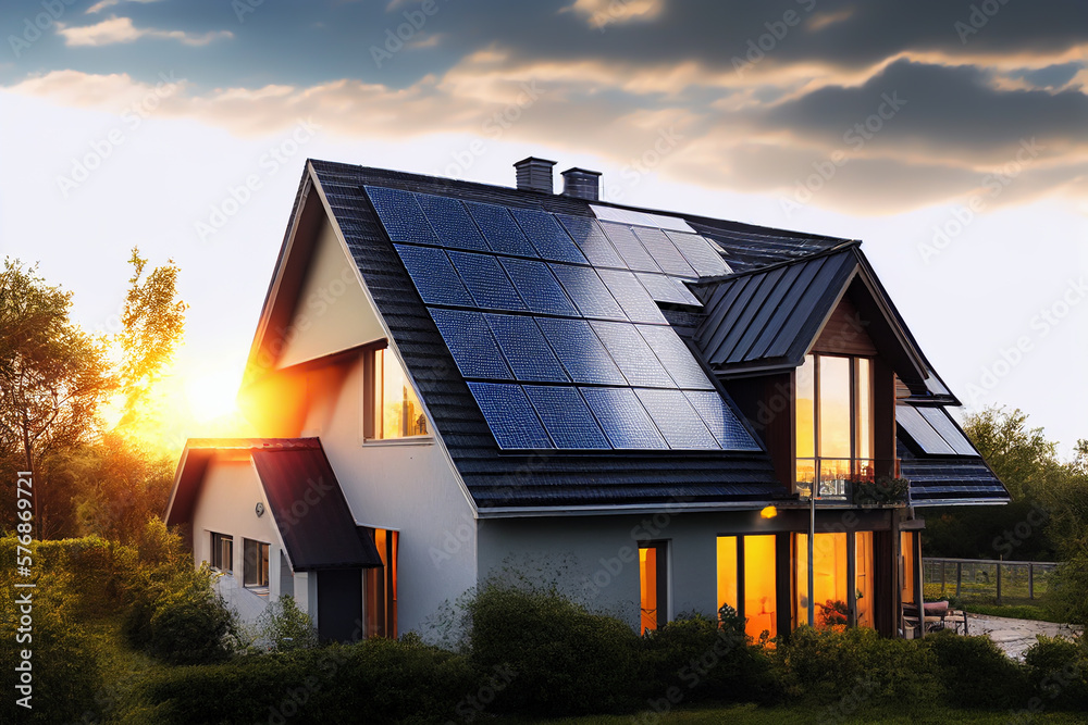 Solar panel on roof house. Home with solar panels on roof. Modern house interior. Tanunhouses and residential buildings houses with solar panels on roof. Solar photovoltaic systems. Ai Generative. Solar panel on roof house. Home with solar panels on roof. Modern house interior. Tanunhouses and residential buildings houses with solar panels on roof. Solar photovoltaic systems. Ai Generative.