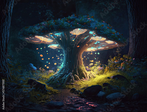 An enchanted forest with a massive tree at the center  glowing mushrooms and fireflies lighting up the surrounding flora and fauna  enchanted  forest  massive tree  glowing mushrooms  fireflies  light