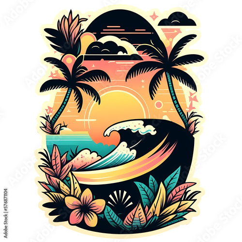 Sticker of tropical sunset, waves, ocean, palm trees. Generative AI