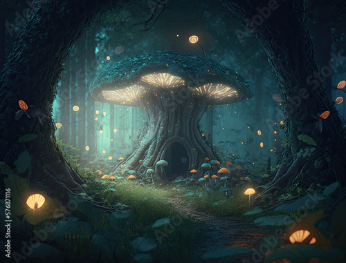 An enchanted forest with a massive tree at the center  glowing mushrooms and fireflies lighting up the surrounding flora and fauna  enchanted  forest  massive tree  glowing mushrooms  fireflies  light
