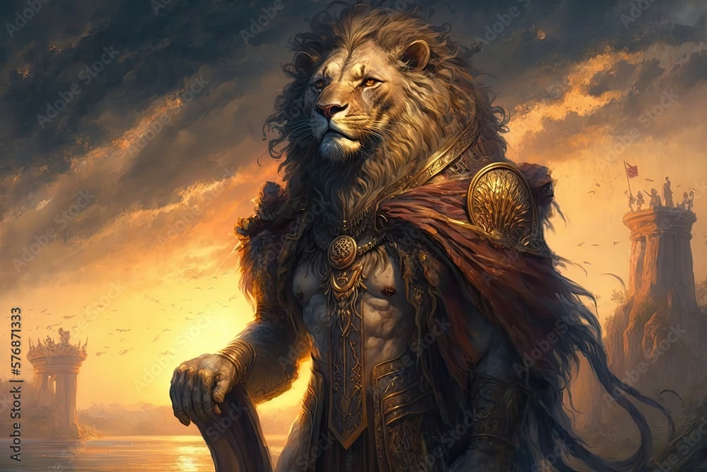 Fototapeta premium Lion standing in front of a sunset as a warrior . Generative AI
