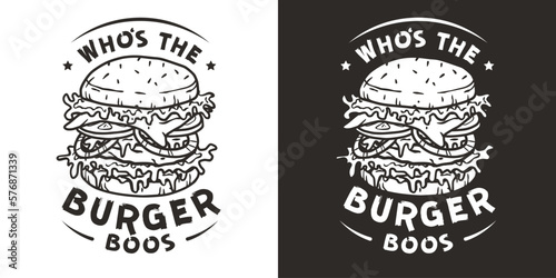 Retro burger with meat, cheese and vegetable for logo or emblem. American fast food or hamburger. USA food with bun, lettuce and cutlet for cafe or restaurant.
