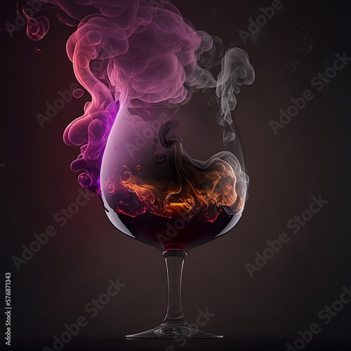 Glass in smoke. Smoke in a glass. Glass with smoke on a beige background. Smoke in a glass with an overflow of orange, burgundy, black. Wine glass in smoke. Glass for wine with smokes. Generative AI.