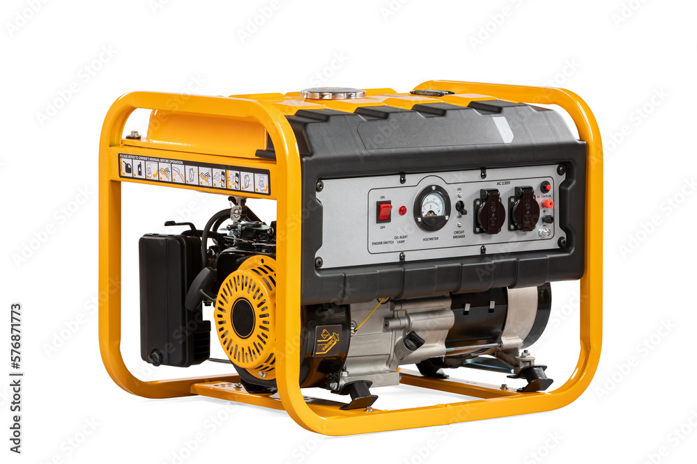 Portable electric AC generator charger, isolated on white. Diesel or petrol generator for home and industrial use. Gasoline powered engine. Backup energy.