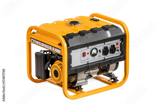 Portable electric AC generator charger, isolated on white. Diesel or petrol generator for home and industrial use. Gasoline powered engine. Backup energy.
