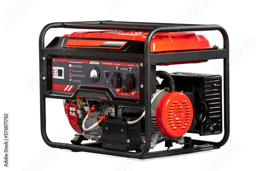 Portable electric AC generator charger, isolated on white. Diesel or petrol generator for home and industrial use. Gasoline powered engine. Backup energy.
