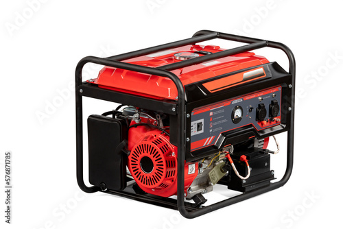 Portable electric AC generator charger, isolated on white. Diesel or petrol generator for home and industrial use. Gasoline powered engine. Backup energy.