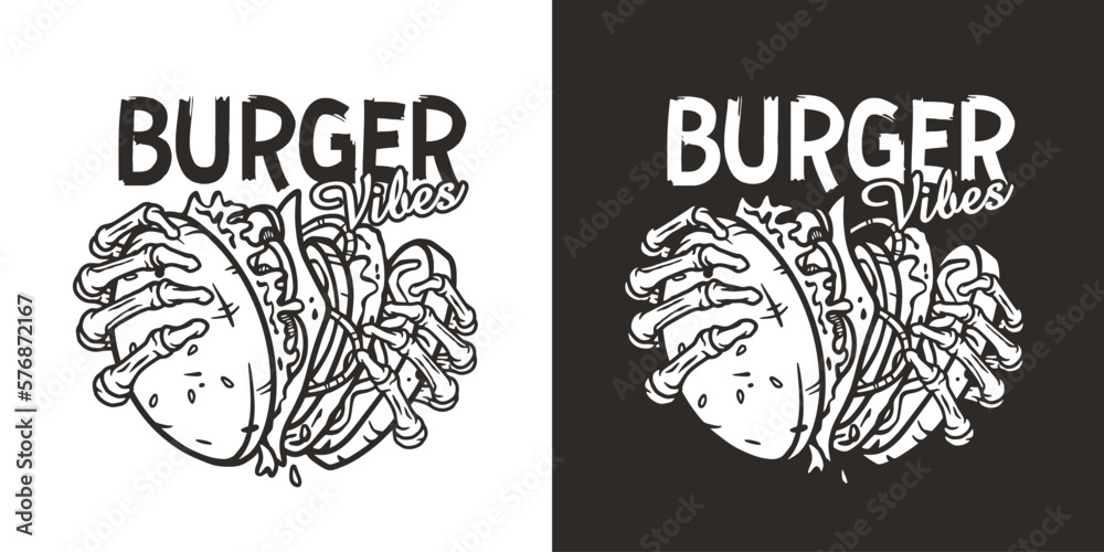 Burger in skeleton hands. American fast food or USA food with bones and hamburger with meat, cheese and vegetable for logo or poster