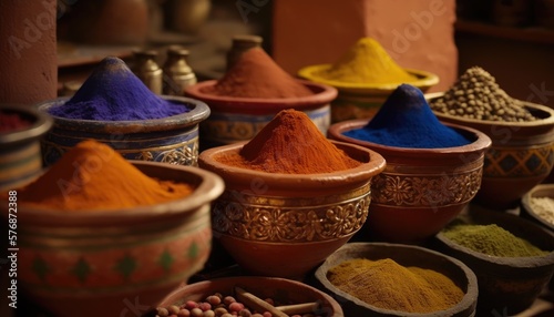 Exotic colorful spices and herbs at the market. Ceramic terracotta pots of Turkish tea. Traditional antique stall.