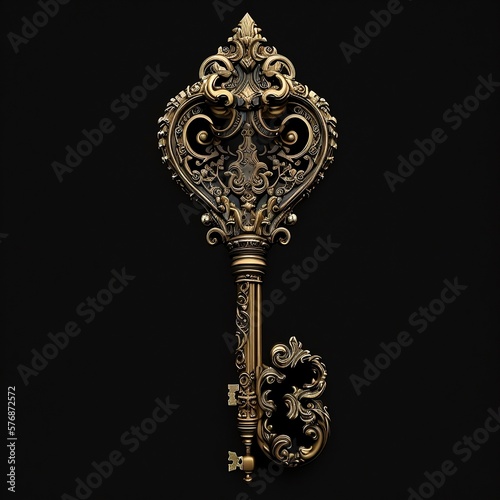 old key made of gold-plated metal, photography of old key, key for old lock generated IA
