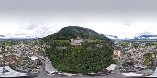360 aerial photo taken with drone of castle in Vaduz, Liechtenstein