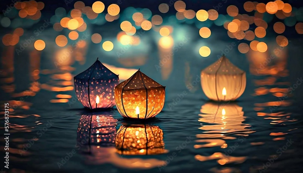 Paper lanterns float on water. Floating Lantern Festival, Memorial Day.  Generative AI Illustration Stock | Adobe Stock