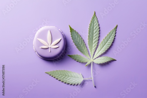 Photo of a macaroon and a cannabis leaf from above; the background is violet and there is room for copy. Generative AI