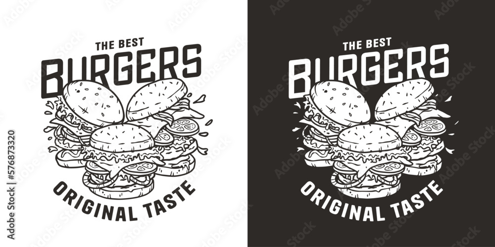 Obraz premium Burger with meat, cheese and vegetable for logo or emblem. American fast food or hamburger for poster. USA food with bun, lettuce, cheese, tomato, onion, cutlet for store.