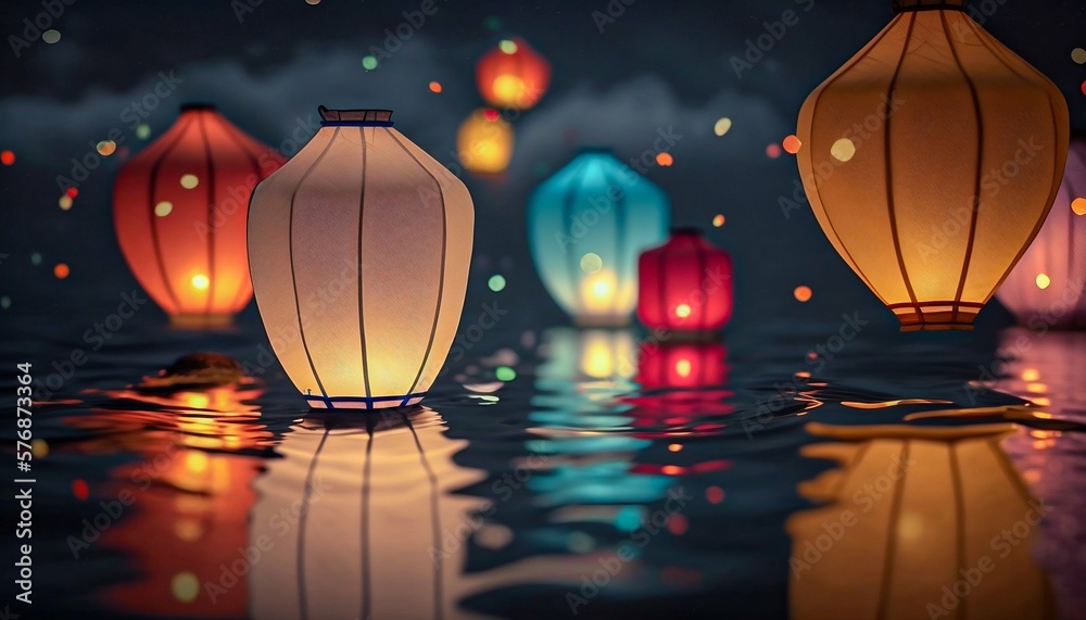 Paper lanterns float on water. Floating Lantern Festival, Memorial Day