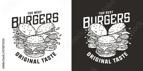 Burger with meat, cheese and vegetable for logo or emblem. American fast food or hamburger for poster. USA food with bun, lettuce, cheese, tomato, onion, cutlet for store.