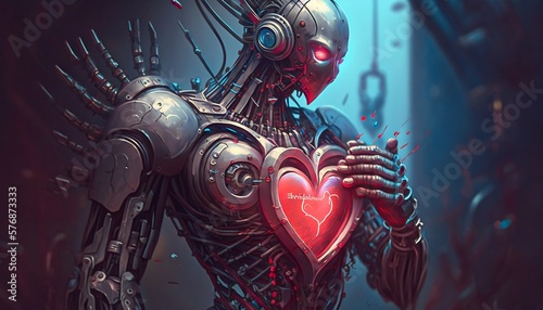 Humanoid robot with love heart in cyberpunk style. Valentine s Day.
