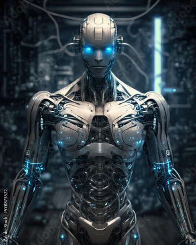 A humanoid robot with a metallic silver body.  Generative AI.