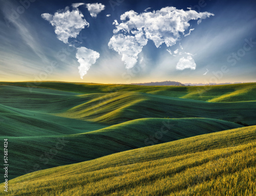 clouds in the form of a world map over a green field. Travel and landscape concept. hilly field © sergnester