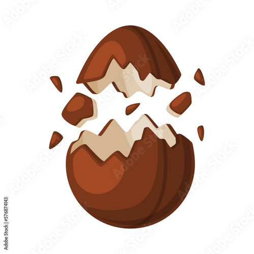 Chocolate egg bursting into pieces. Tasty sweet dessert cartoon vector illustration