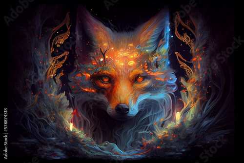 Magical fox in a mystical arcane forest. Generative AI © farhadahmadov