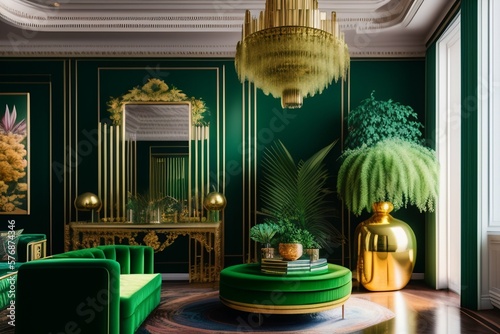 Architectural digest photo of a maximalist green  living room with lots of flowers and plants, golden light, hyperrealistic surrealism