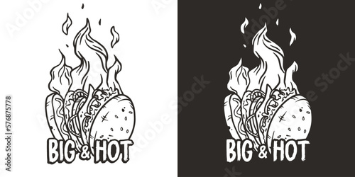 Burning burger or burger in fire with meat, cheese and vegetable for logo or emblem. American fast food or USA food with bun, lettuce, cheese, tomato, onion, cutlet for store.
