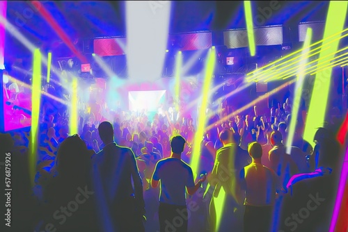 Colorful lights and a blurry crowd of clubgoers dancing to a DJ's tunes. Bangkok RCA nightclub laser light DJ dance party. Generative AI