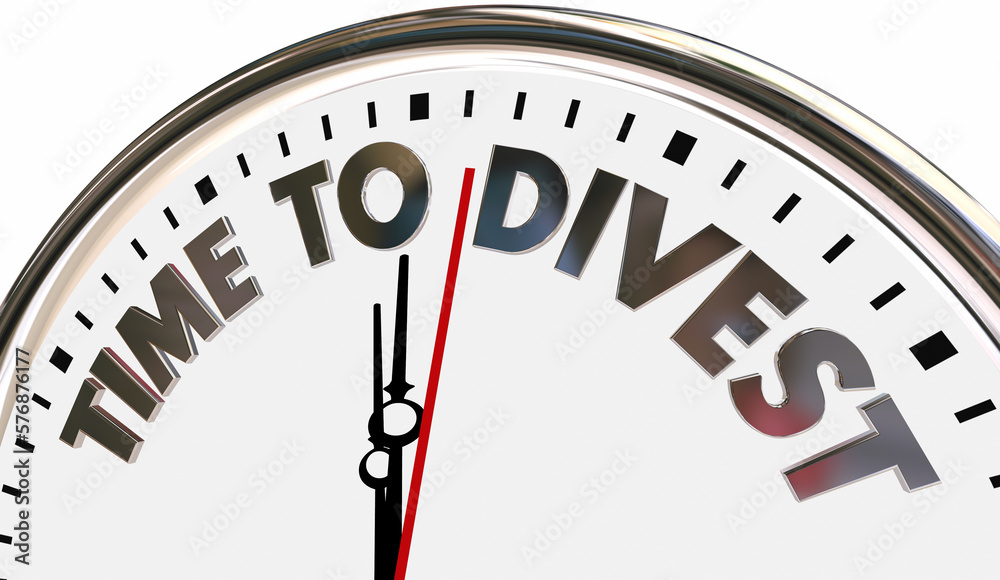 Time to Divest Sell Assets Liquidate Business Property Subsidiary Clock 3d Illustration Time to Divest Sell Assets Liquidate Business Property Subsidiary Clock 3d Illustration