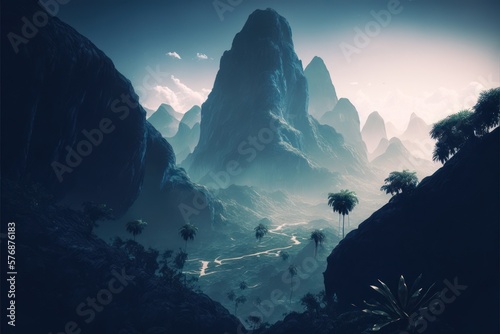 Tropical Mountain Jungle, Alien Landscape, Dense Forest, Concept Art, Digital Illustration, Generative AI