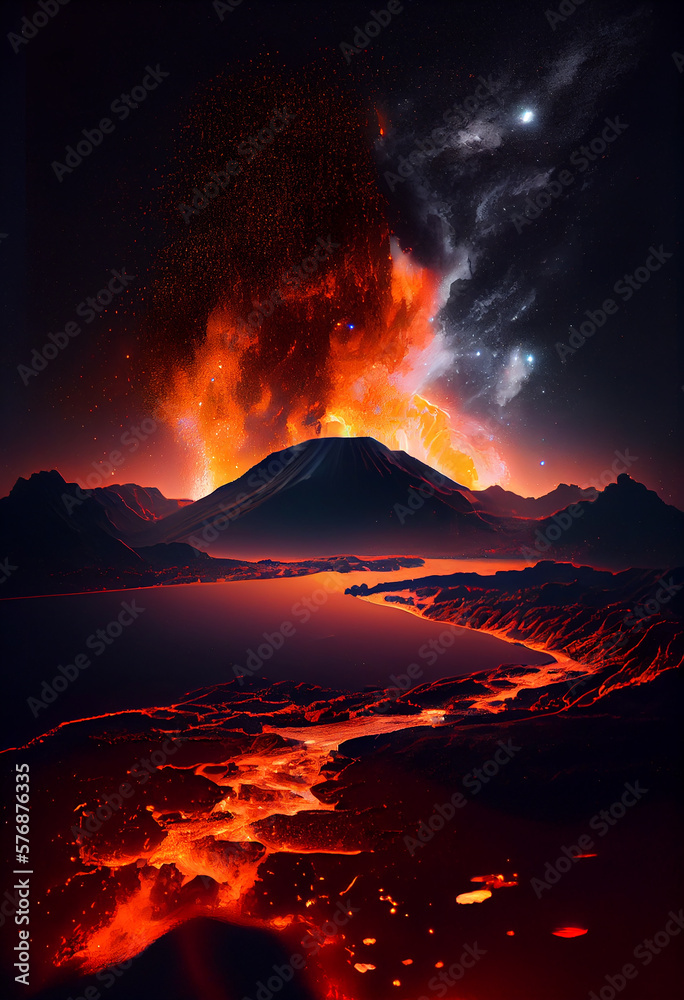 Night landscape with molten lava. Generative AI