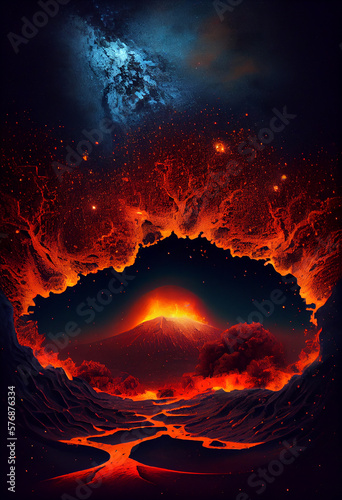 Night landscape with molten lava. Generative AI