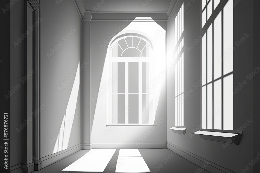 Fototapeta premium Light shining through the windows onto the white walls. Generative AI